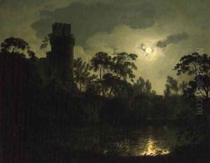 A Moonlit Lake by a Castle by Josepf Wright Of Derby