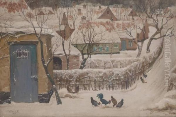 Poules Picorant Devant Uneallee Enneigee - view 1