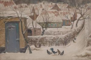 Poules Picorant Devant Uneallee Enneigee by Constant Montald