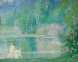 Trois Baigneuses Au Bord De L'etang by Constant Montald