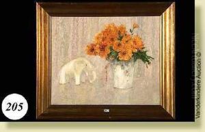 Nature Morte Aux Fleurs Et A L'elephant En Porcelaine