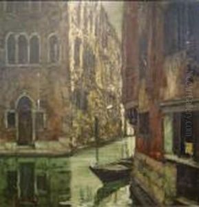 A Gondola Moored Beneath A Palazzo In A Side Canal, Venice
