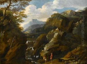 An Italianate Landscape With A Goatherd Andhis Flock Beside A Waterfall