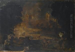 An Italianate Landscape With
Boys Fishing And Monks Reading In The Foreground, A Waterfall And Town
Beyond by Pietro Montanini