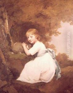 Miss Bentley in a white dress holding a rabbit by Josepf Wright Of Derby