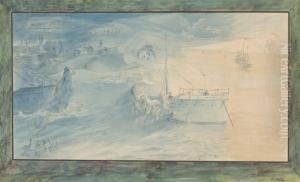 Songe Au Bord De La Mer Avec Des Sirenes Et Des Bateaux by Ernest Montaut