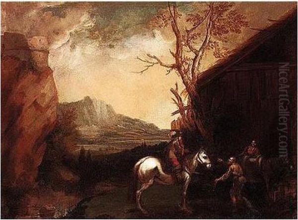 Mountainous Landscape With A Rider And Figures Conversing Before A Barn - view 1