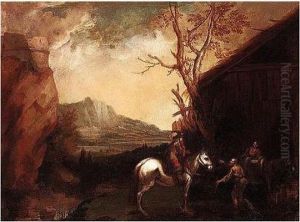 Mountainous Landscape With A Rider And Figures Conversing Before A Barn by Francesco Montelaticci, Cecco Bravo