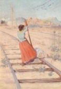 Femme Retirant Un Rocher Des Rails