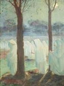 Nightly Procession At Riverside. Oil/canvas, Signed by Frederic Montenard