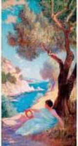 Femme Au Luth Dans Un Paysage Mediterraneen