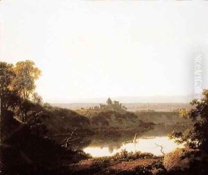 Lake Nemi with a view of Castel Gandolfo by Josepf Wright Of Derby