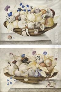 Still Life With Oranges, Lemons,
Figs, Mushrooms, Roses And Carnations In A Brass Dish, A Parrot Eating A
Cherry Below; And Still Life With Pears, Oranges, Plums, Mushrooms And
Carnations In A Brass Dish, A Guinea Pig Holding Flowers In His Mouth
by Octavianus Montfort