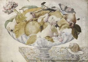 Still Life With Plums, Pears,
Oranges, Carnations And Butterflies, In A Footed Bowl On A Marble Ledge by Octavianus Montfort