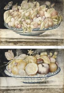 Still Life With Cherries,
Peaches And Figs In A Blue And White Dish, A Butterfly Above; And Still
Life With Oranges, Lemons, Peaches, Chestnuts And A Snail In A Blue And
White Dish by Octavianus Montfort