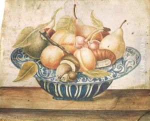 Funghi, Albicocche, Pere E Altri Frutti In Una Fruttiera Di Delft