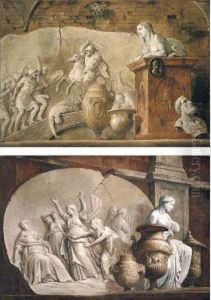 Still Life With A Relief Of The 
Death Of Cleopatra Together With Vases And Other Antique Statues by Francesco Monti