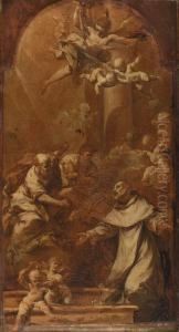 Saints Peter And Paul Appearing
To Saint Dominic, A Modello, Engrisaille, Painted Arched Top by Francesco Monti