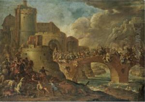An Extensive Battle Scene With Soldiers Fighting On A Bridge Before A Fortified Town