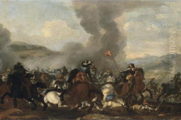 A Cavalry Battle Scene In A Hilly Landscape by Francesco Monti