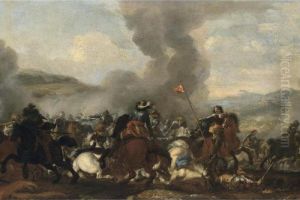 A Cavalry Battle Scene In A Hilly Landscape