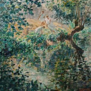 Three Girls In White Dresses Near A Lake In The Forest by Jenny Montigny