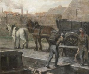 Man With Horsecart Alongside The Quay by Jules Montigny