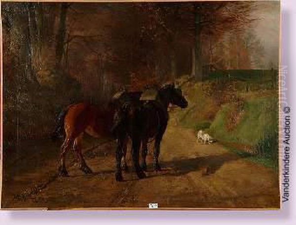 Chevaux Et Chien Sur Un Chemin De Campagne - view 1