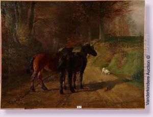 Chevaux Et Chien Sur Un Chemin De Campagne by Jules Montigny