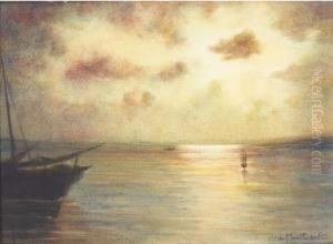 Vue D'un Coucher De Soleil Sur La Mer, Un Bateau Au Premierplan by Charles Montlevault