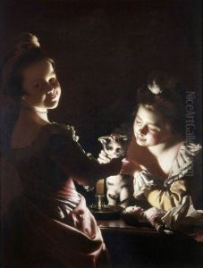 Two Girls decorating a kitten by Josepf Wright Of Derby