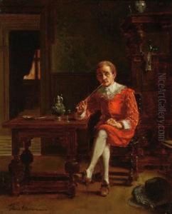 A 17th Century Interior With A Pipe Smoking Gentleman