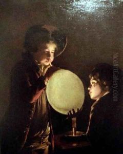 Two Boys by Candlelight Blowing a Bladder by Josepf Wright Of Derby