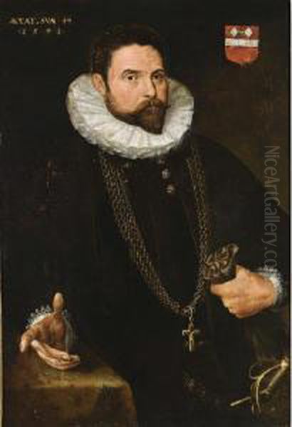 A Portrait Of A Nobleman, At The
Age Of 44, Standing Half-length, Wearing A Black Suit With White Lace
Collar, A Golden Chain With Crucifix, A Sword, And Holding Gloves In His
Left Hand, Standing Next To A Table - view 1