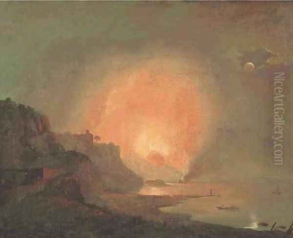 View of Mount Vesuvius erupting by Moonlight from the shore of Posilipo with a fishing boat in the foreground - view 1