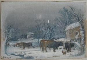 Cattle In Wintry Farmyard by Edward Percy Moran