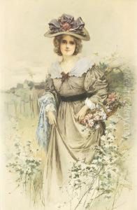 Girl With A Flower Basket. Signed Lower Right Percy Moran by Edward Percy Moran