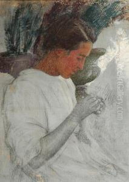 "la Cucitrice -studio" Olio Su 
Tela In Cornice. Prov.: Philippo Daverio- Milano Autentica Di Rolando 
Morbelli In Data1935 Al Retro E Parere Verbale Del Prof. Anzani Che Ne 
Confermal'autenticita - view 1