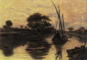"paesaggio Con Barca" 1915-19 by Angelo Morbelli