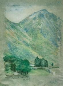 "studio Di Paesaggio Di Montagna Con Gruppi Di Alberi (val Di Lanzo)" 1918/19 by Angelo Morbelli