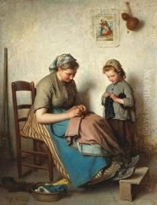 The Knitting Lesson by Charles Moreau