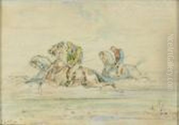 Jockey A La Casaque Jaune Aquarelle Sur Papier, Monogrammee En Bas A Gauche - view 1