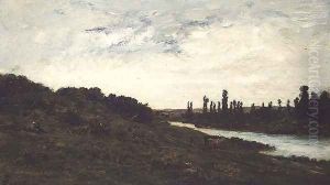 Herdsmen and Cattle in a wooded river landscape by Charles-Francois Daubigny