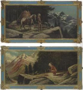 A Native American Smoking A Pipe
By The Fire; And A Native American With His Horse Overlooking Snow
Capped Mountains by Henri Moreau