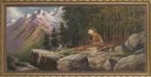 A Native American Smoking A Pipe By A Fire by Henri Moreau