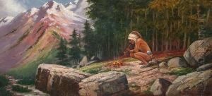 A Red Indian By A Fire, Mountains Beyond by Henri Moreau