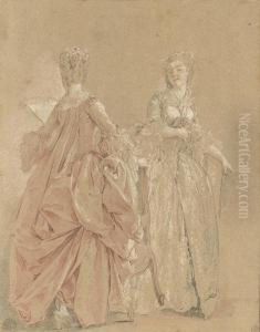 Two Ladies In Elegant Costume: Study For 'the Harpsichordlesson' by Jean-Michel Moreau