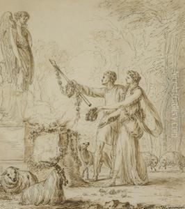 Couple De Bergers Deposant Des Offrandes Devant Un Autel by Jean-Michel Moreau