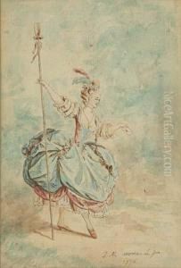 A Young Woman Holding A Staff And A Letter by Jean-Michel Moreau