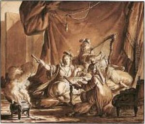 Three Oriental Ladies In An Interior, One Playing A Harp, Another Embroidering